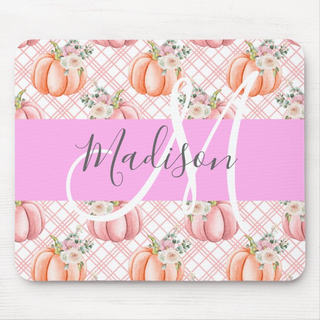 Girly Chic Floral Pink Peach Pumpkin Monogram Name Mouse Pad (Front)