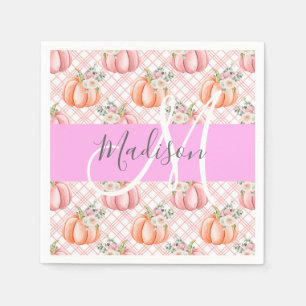 Girly Chic Floral Pink Peach Pumpkin Monogram Name Napkins