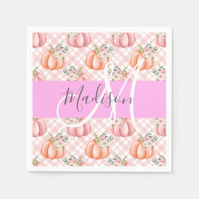 Girly Chic Floral Pink Peach Pumpkin Monogram Name Napkins (Front)