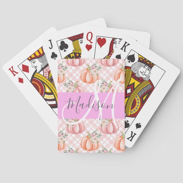 Girly Chic Floral Pink Peach Pumpkin Monogram Name Poker Cards (Back)