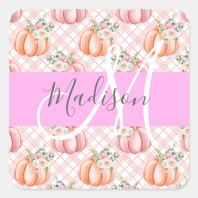Girly Chic Floral Pink Peach Pumpkin Monogram Name Square Sticker (Front)