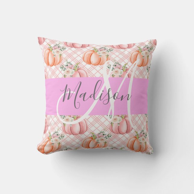 Girly Chic Floral Pink Peach Pumpkin Monogram Name Throw Pillow (Front)