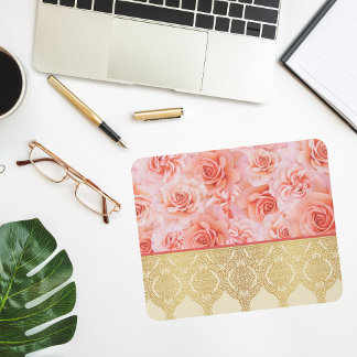 Girly Chic Floral with Golden Damask Lace Mouse Pad