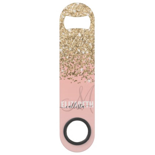 Girly Chic Gold Confetti Pink Gradient Monogram Bar Key