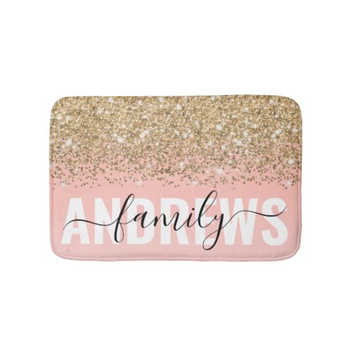 Girly Chic Gold Confetti Pink Gradient Monogram Bath Mat