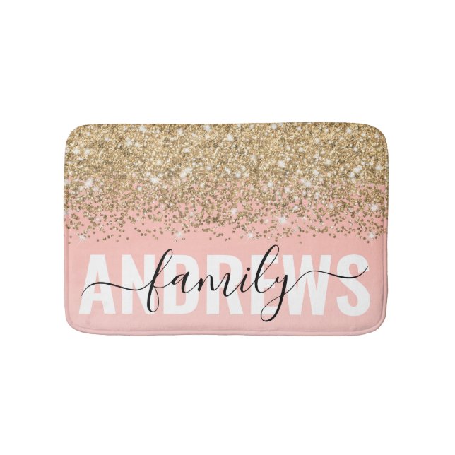 Girly Chic Gold Confetti Pink Gradient Monogram Bath Mat (Front)