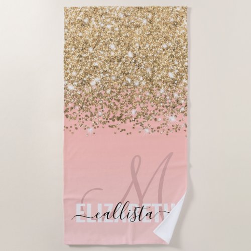 Girly Chic Gold Confetti Pink Gradient Monogram Beach Towel