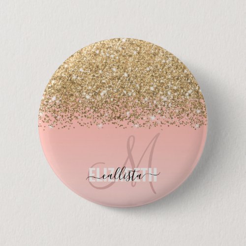 Girly Chic Gold Confetti Pink Gradient Monogram Button