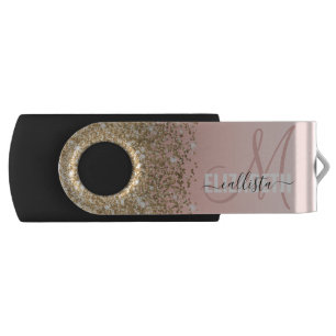 Girly Chic Gold Confetti Pink Gradient Monogram Flash Drive
