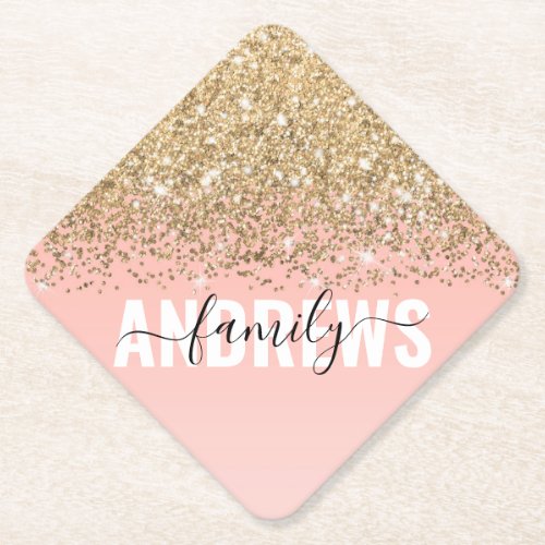 Girly Chic Gold Confetti Pink Gradient Monogram Paper Coaster