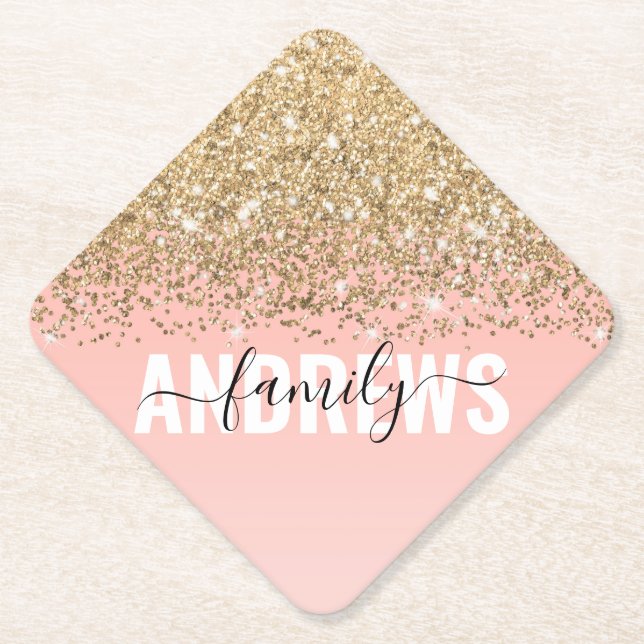 Girly Chic Gold Confetti Pink Gradient Monogram Paper Coaster (Front)