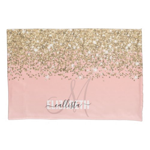 Girly Chic Gold Confetti Pink Gradient Monogram Pillow Case