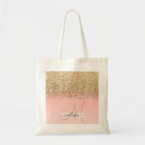 Girly Chic Gold Confetti Pink Gradient Monogram Tote Bag
