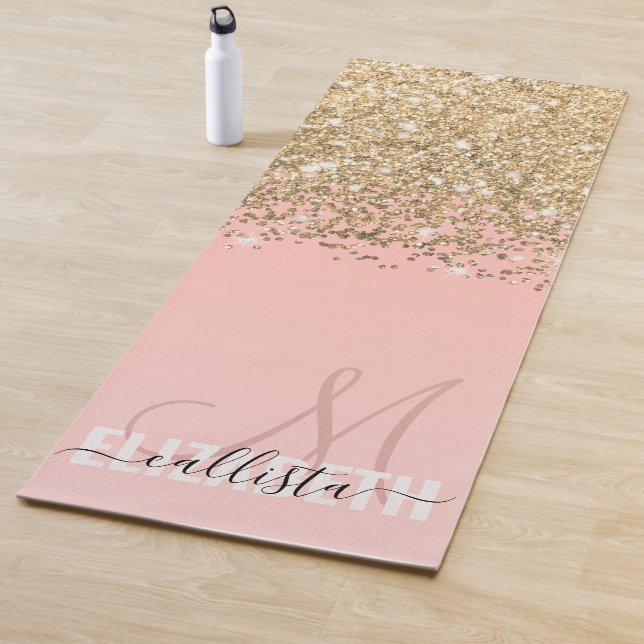 Girly Chic Gold Confetti Pink Gradient Monogram Yoga Mat (In Situ)