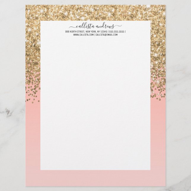Girly Chic Gold Confetti Pink Gradient Ombre Letterhead (Front)