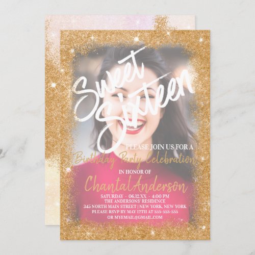 Girly Chic Gold Glitter Border Photo Sweet Sixteen Invitation