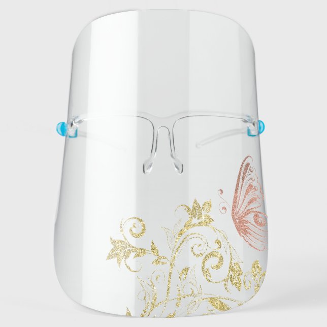 Girly Chic Gold Glitter Butterfly Floral Name Face Shield (Front)