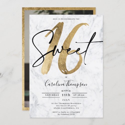 Girly chic gold marble script photo Sweet 16 Invitation