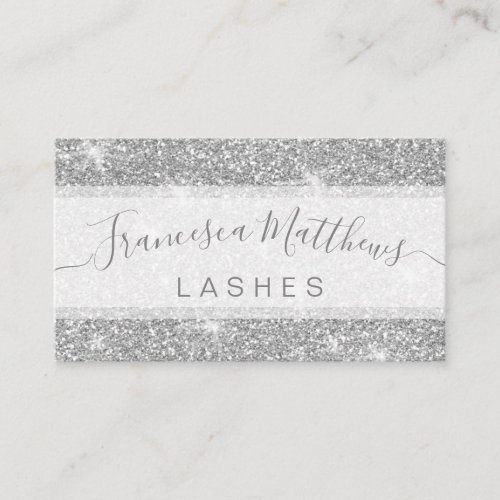 Girly Chic Grey Silver Glitter Lashes Script Business Card