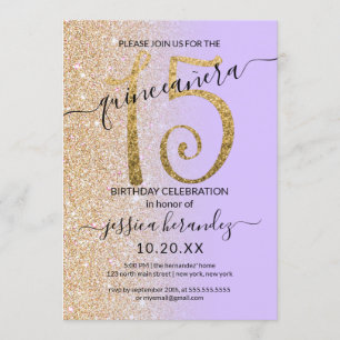 Girly Chic Lavender Gold Glitter Ombre Quinceañera Invitation