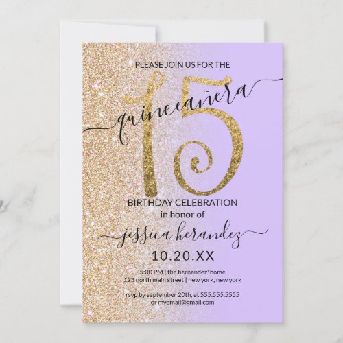 Girly Chic Lavender Gold Glitter Ombre Quinceaera Invitation