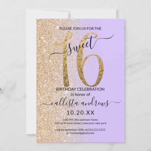 Girly Chic Lavender Gold Glitter Ombre Sweet 16 Invitation