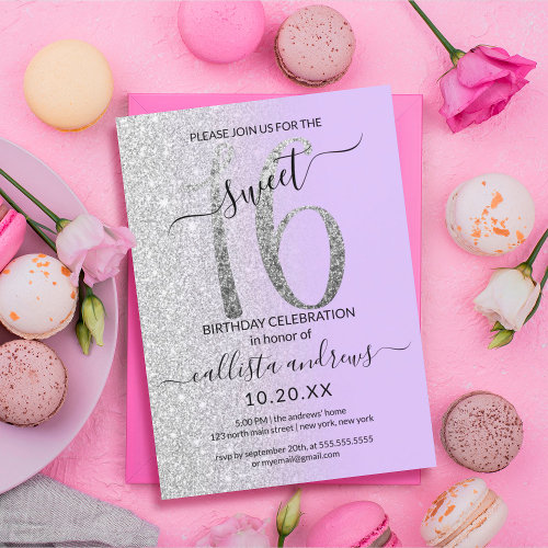 Girly Chic Lavender Silver Glitter Ombre Sweet 16