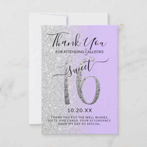 Girly Chic Lavender Silver Glitter Ombre Sweet 16 Thank You Card