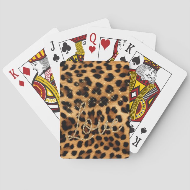 Girly Chic Leopard Gold Glitter Love Poker Cards (Back)