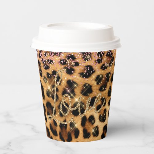 Girly Chic Leopard Pink Gold Glitter Love Paper Cups