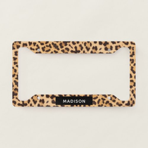 Girly Chic Leopard Print Black Brown Personalized License Plate Frame