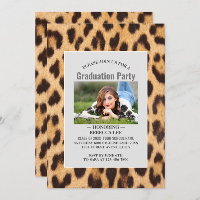 girly chic leopard print graduation party invitation (Front/Back)