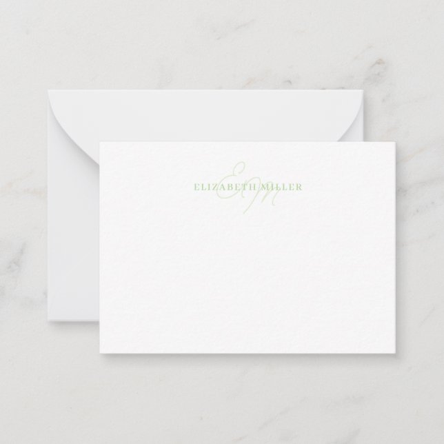 Girly Chic Light Green Script Monorgram Note Card (Front)