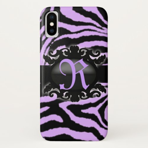 Girly chic lilac purple Zebra Print monogram iPhone X Case