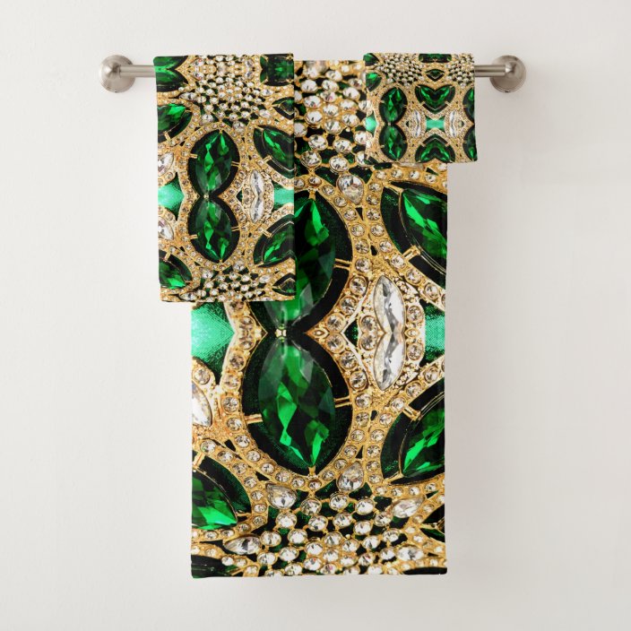 girly chic luxury gold emerald green rhinestone bath towel set