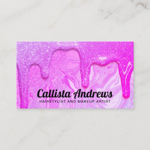 Girly Chic Magenta Purple Glitter Marble Drips Business Card