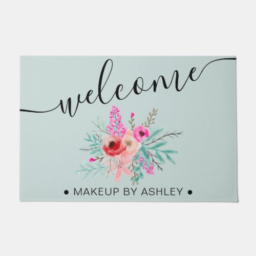 Girly chic mint Pink floral watercolor welcome Doormat