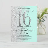Girly Chic Mint Silver Glitter Ombre Sweet 16 Invitation (Standing Front)