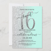 Girly Chic Mint Silver Glitter Ombre Sweet 16 Invitation (Front)
