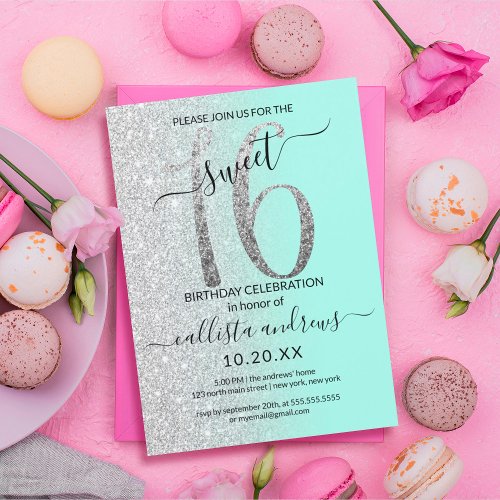 Girly Chic Mint Silver Glitter Ombre Sweet 16 Invitation