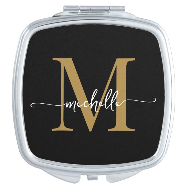 Girly Chic Modern Black Gold Monogram Name Script Compact Mirror (Front)