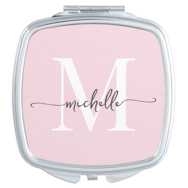 Girly Chic Modern Blush Pink Monogram Name Script Compact Mirror (Front)