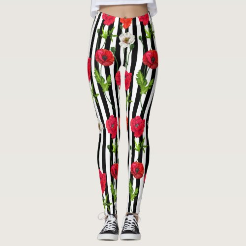 Girly Chic Modern Floral Poppy Stripe Pattern Leggings