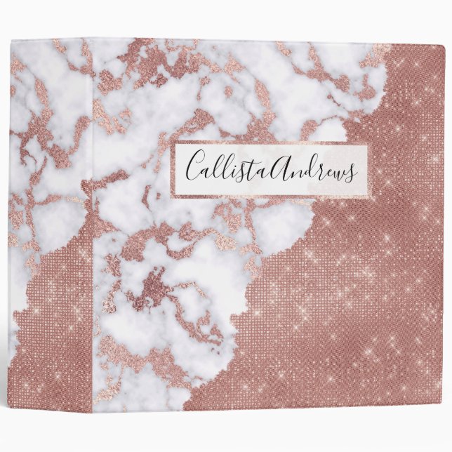 Girly Chic Modern Rose Gold Glitter Marble Pattern 3 Ring Binder (Front/Spine)