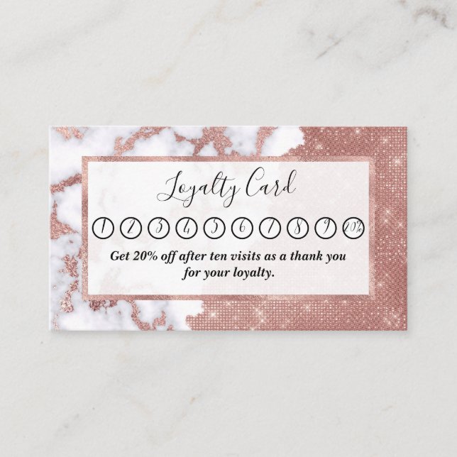 Girly Chic Modern Rose Gold Glitter Marble Pattern Loyalty Card (Front)