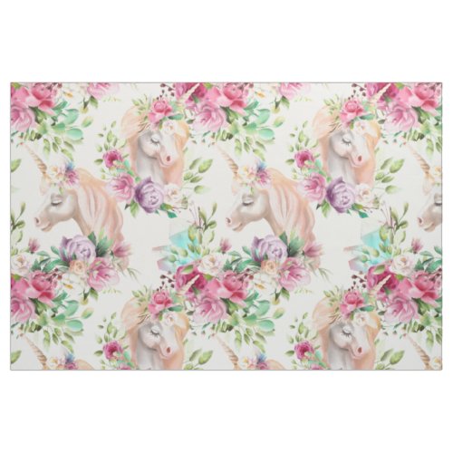 Girly Chic Modern Watercolor Floral Unicorn Fabric