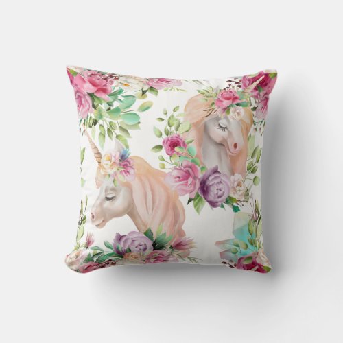 Girly Chic Modern Watercolor Floral Unicorn Throw Pillow