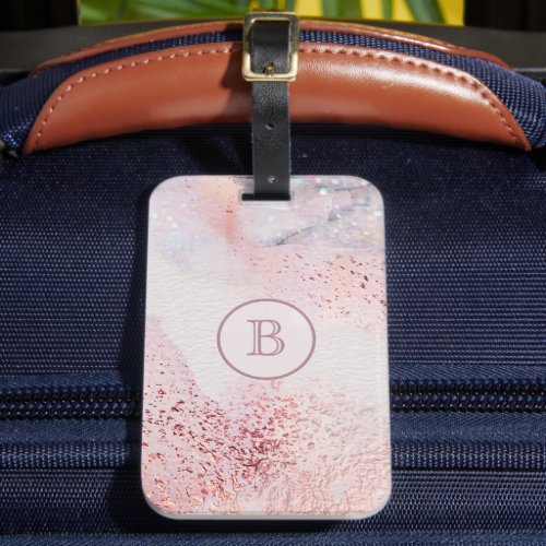 Girly Chic Monogram Rose Gold Marble Shimmer Luggage Tag