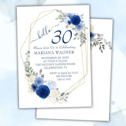 Girly Chic Navy Blue Floral 30th Birthday Invitation