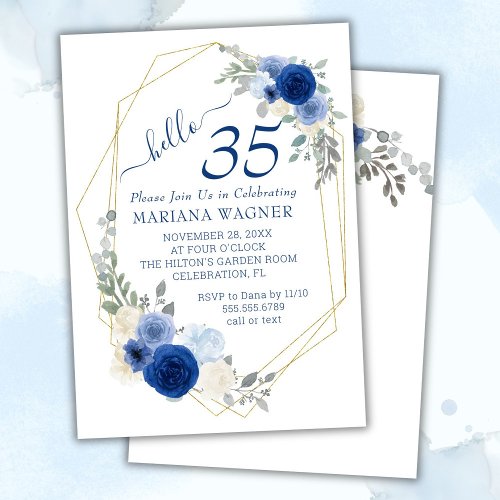 Girly Chic Navy Blue Floral 35th Birthday Invitation